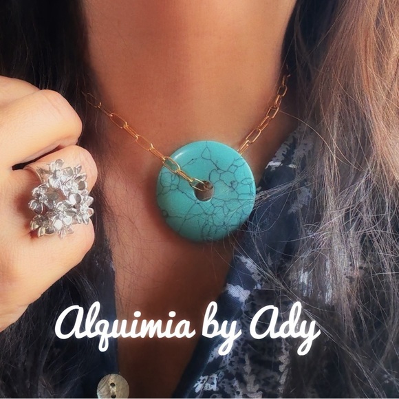 Ultra big turquoise disc pendant gold curb link chain necklace - Picture 1 of 3